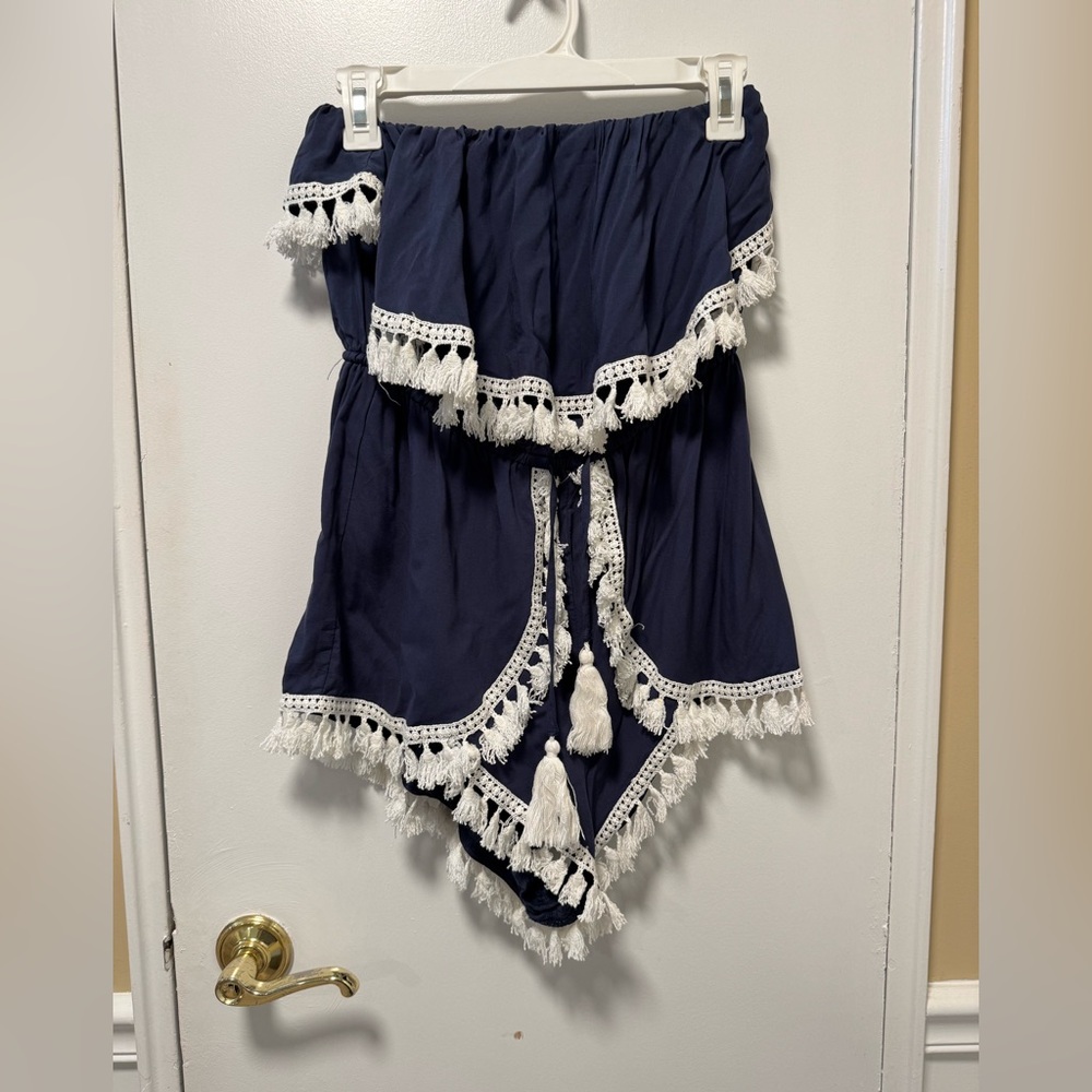 Navy Blue Romper with White Tassel Trim